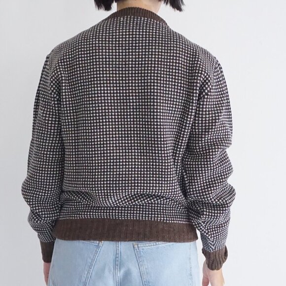 Vintage Damo Brown Micro Check Knit Textured Crewneck Pullover Sweater Neutral M - Picture 2 of 9